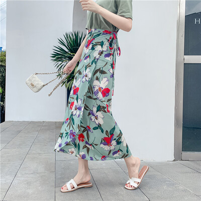 

Women Summer Hight Waist High Split Printed Maxi Skirt Pleated Chiffon Long Casual Boho