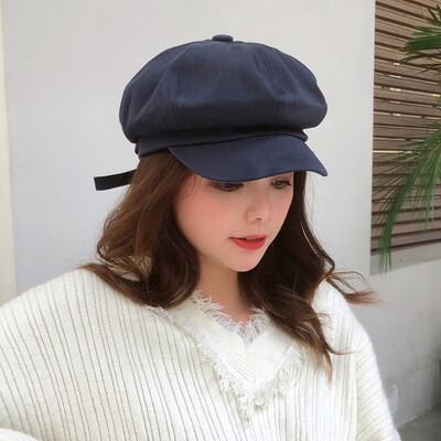 

Hat womens spring&summer cotton bow octagonal hat students leisure hundred sataed beret pure color literary painter hat tide