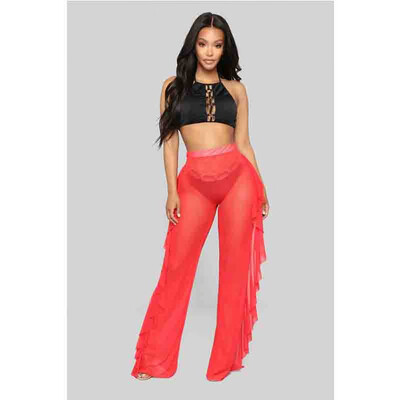 

Sexy Women Beach Mesh Ruffle Sheer Wide Leg Pants Trousers Bikini Cover Up S-XXL