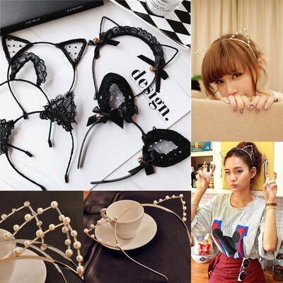 

Women Girls Lace Cat Ears Faux Crystal Rhinestones Alloy Headband Hair Band Hair hoop