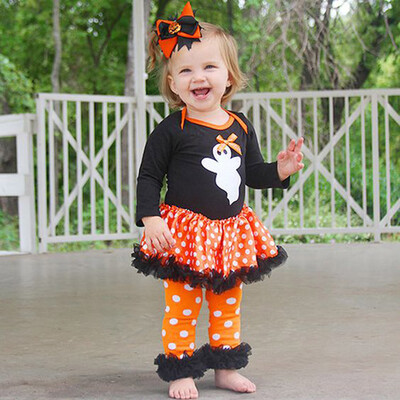 

Newborn Toddler Baby Girls Ghost Dot Dress Romper Pants Halloween Outfits Set