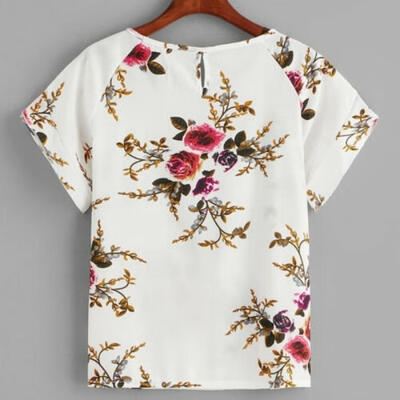 

New Womens Broken Floral Tops Blouse Ladies Short Sleeve V-Neck T-Shirt