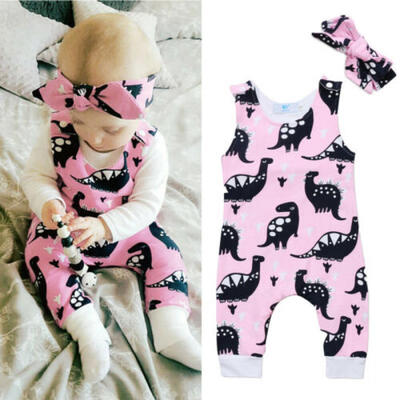 

US Infant Baby Girl Dinosaur Romper Bodysuit JumpsuitHeadband Clothes Outfits