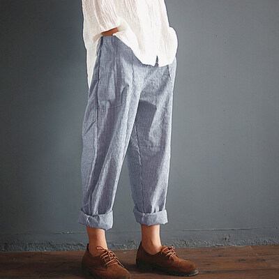 

Summer Womens Casual Loose Fit Striped Pocket Wide Leg Harlan Pants Trousers