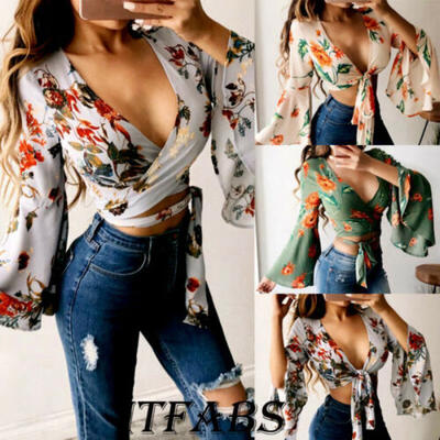 

Women V-neck Crop Tops Floral Bandage Flare Sleeve T-Shirt Casual Blouse Chiffon