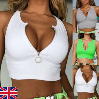 

UK Women Cropped Tops Zipper Tee Casual T-shirts Sleeveless Blouse Slim Fit Vest