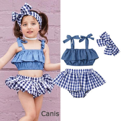 

US 3PCS Infant Baby Girl Clothes Strap Vest TopsPlaids Shorts Skirt Outfit Set
