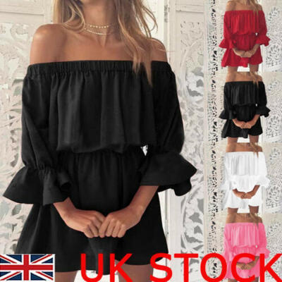 

Womens Off Shoulder Ruffle Frill Dress Summer Holiday Party Beach Mini Dress