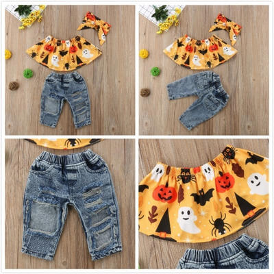 

Halloween Newborn Kids Baby Girls Sleeveless Tops Denim Pants Headband Outfits