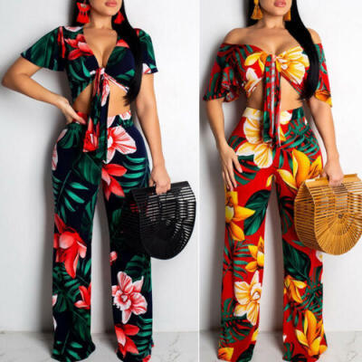 

2PC Women Co Ord Set Floral Crop TopWide Leg Trousers Holiday Jumpsuit Playsuit