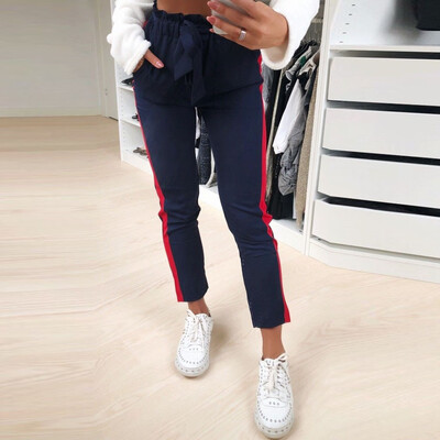 

Tailored Women High Waist Pure Color Stripe Bandage Elastic Waist Casual Pants