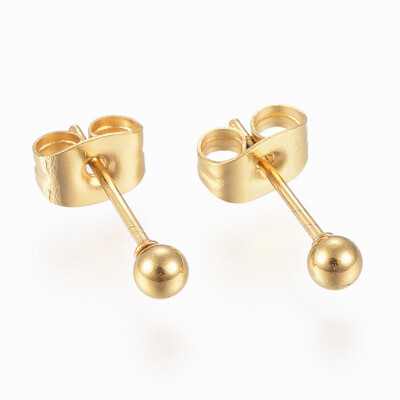 

304 Stainless Steel Stud Earrings Round Ball Golden 14x3mm Pin 08mm