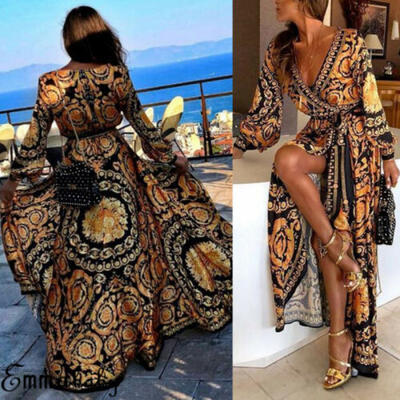 

Women Sexy Casual V Neck Boho Floral Long Maxi Sundress Club Party Beach Dress
