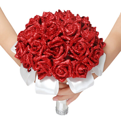 

Gobestart Crystal Roses Pearl Bridesmaid Wedding Bouquet Bridal Artificial Silk Flowers RD