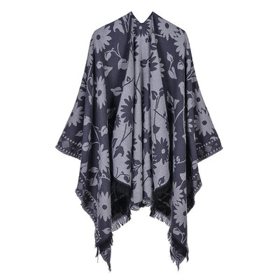 

Women Poncho Cardigan Sweater Contrast Color Floral Print Cashmere Capes Shawl Scarf Outerwear