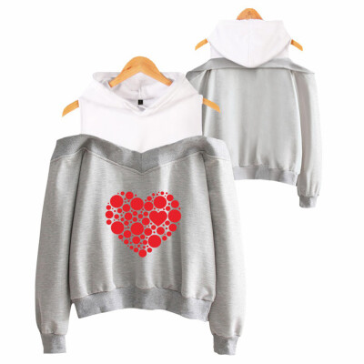 

Tailored Women Off Shoulder Heart-shap Print Loose Hooded Sweatshirt Fake Two-Piece Tops