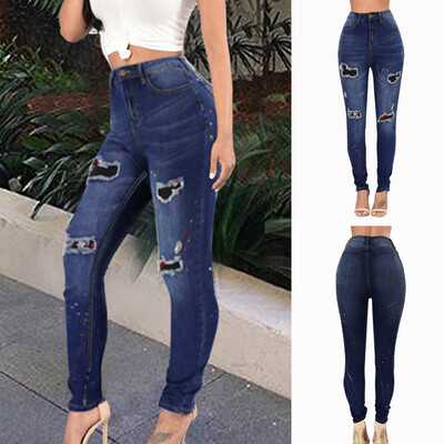 

〖Follure〗Women High Waist Stretch Print Jeans Leggings Skinny Slim Hole Pants Trousers