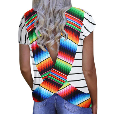 

Starmoon Fashion Women Sexy Loose Short Sleeve V-neck Printed Open Back T-Shirt Blouse