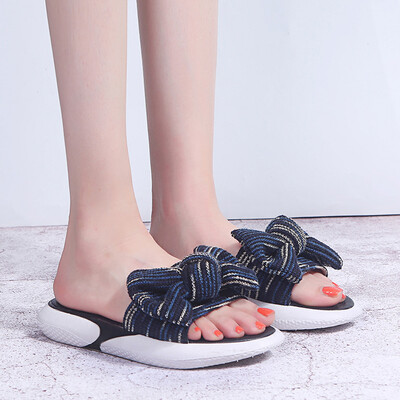 

Rose Womens Summer Muffin Bottom With Flat Slippers Bow-Knot Beach Female Slippers
