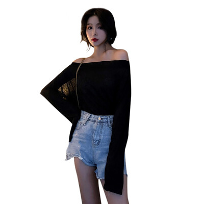 

Sexy Slash Neck Full Sleeve T Shirt Summer Women Off Shoulder Solid t-shirt Casual Loose Ladies T-Shirt Tops