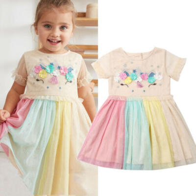 

Elegant Kids Girl Rainbow Dress Baby Toddler Flower Princess Party Tulle Dress
