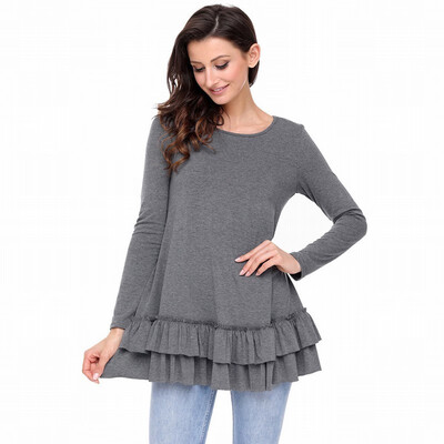 

Round neck long sleeve hem Slim womens T-shirt casual black shirt