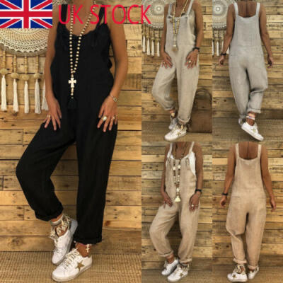 

Women Casual Cotton Linen Jumpsuit Overalls Dungaree Retro Harem Pants Trousers