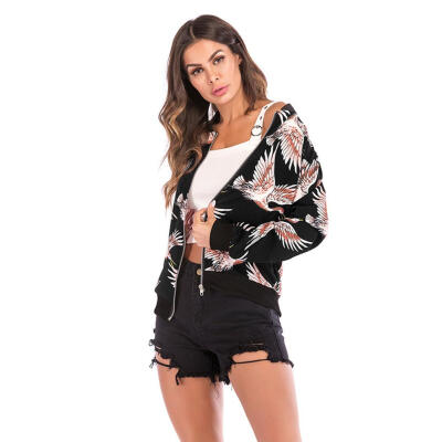 

Women Basic Jacket Flying Crane Printed Zip Casual Baseball Sweatshirt Coat