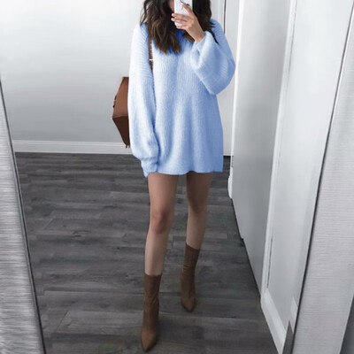 

Ladies Solid Knitted Crew Neck Long Sleeve Pullover Loose Autumn Warm Sweater