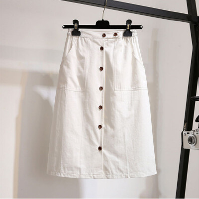 

New Japan Style Pocket buttons Washed Cotton Midi A Line Skirt Women ladies elastic Waist chic casual slim Female skirt