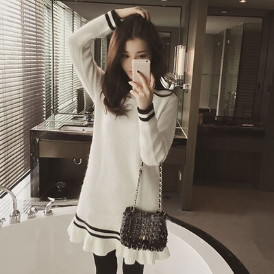 

Simple casual fashion solid color sweater Slim ruffled long sweater round neck long sleeve womens bottoming sweater