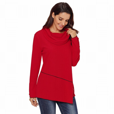 

Solid color collar long sleeve button detail asymmetric pullover casual sweatshirt womens