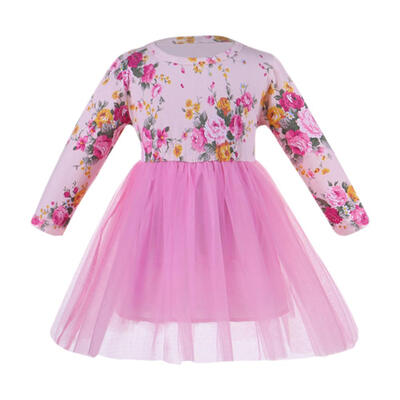 

Girls Floral Print O-Neck Princess Dress Stitching Gauze Swing Kids Clothes