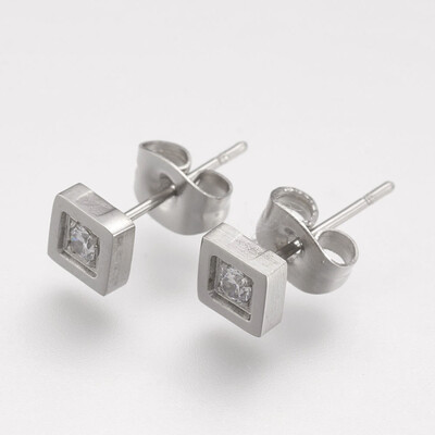 

304 Stainless Steel Ear Studs with Cubic Zirconia Square Stainless Steel Color 5x5x2mm pin 07mm