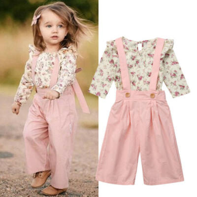 

2PCS Toddler Kids Baby Girl Winter Clothes Floral TopsPants Overall Outfits Set
