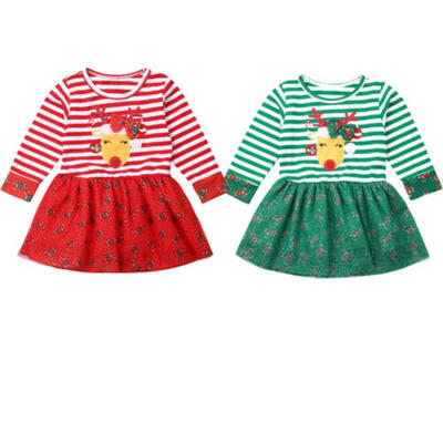 

Xmas Kids Baby Girl Christmas Cartoon Deer Long Sleeve Princess Party Tutu Dress