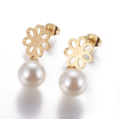 

304 Stainless Steel Dangle Stud Earrings with Plastic Imitation Pearl Flower Golden 29mm Pin 08mm