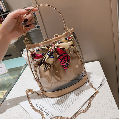 

Qiao Bani 2019 new South Korea ulzzang transparent silk scarf belt mother bucket bag hand shoulder bag
