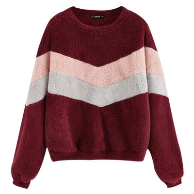

Women Long-Sleeves Fleece Winter Stitching Plush Warm Pullover Shirt Tops