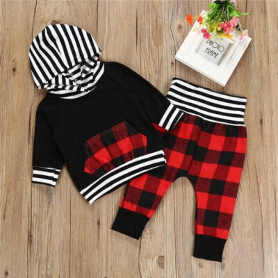 

2Pcs Toddler Baby Boy Girl Striped Pocket Hoodie Tops Pants Outfits Set Clothes