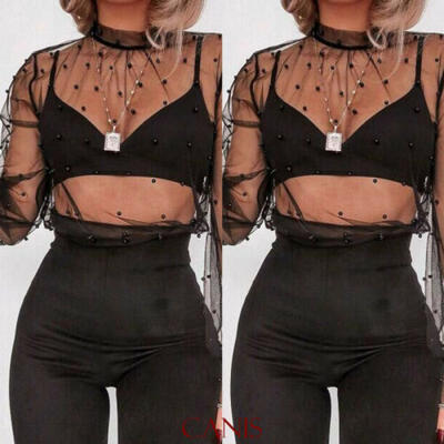 

Sexy Women See-through Sheer Mesh Pearl Long Sleeve T Shirt Tops Blouse Clubwear