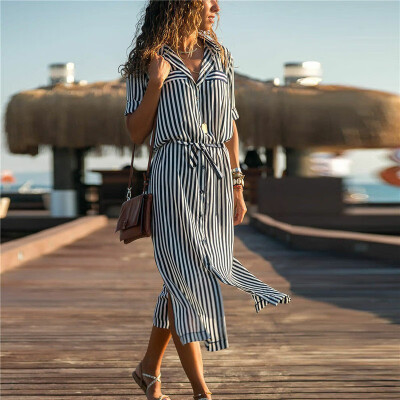 

Boho Women Long Sleeve Stripe Shirt Dress Split Beach Casual Midi Maxi Dress