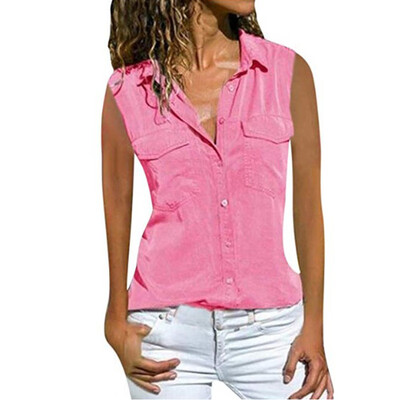 

Women Shirts Summer Casual Tops Turn-down Collar Sleeveless Beach T-Shirt Blouse