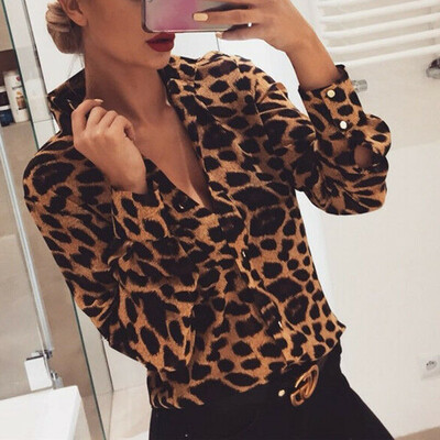 

Women Spring Leopard Print Long Sleeve Button V Neck T Shirt Casual Blouse Tops