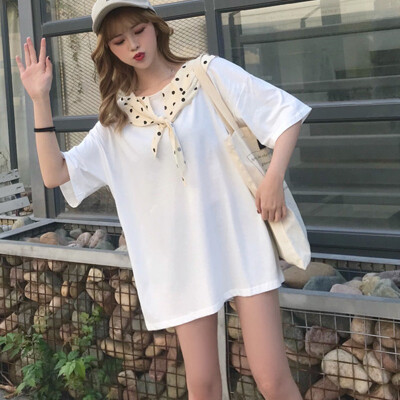 

T-shirt Women Bow tie Short Sleeve O Neck Casual Tops Summer Lady Elastic Cotton Top Tee Elegant Girl Lady Soft