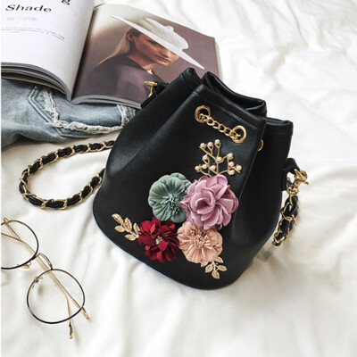 

Fashion New Womens Bag Fashion Pure Color Bucket Bag Flowers Small Fresh Shoulder Messenger BagBlack