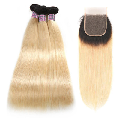 

Brazilian Hair Straight Ombre Hair T1b613 Blonde Hair Bundles 3pcs Deal with Lace Closure
