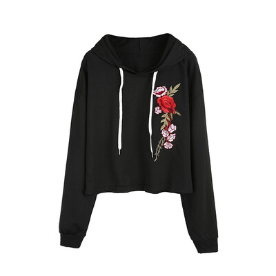 

Toponeto Women Solid Color Embroidered Applique Long Sleeve Hooded Pullover Sweatshirt