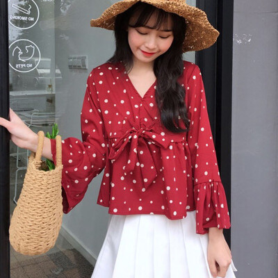 

summer new female V-neck trumpet sleeves lace-up bow lotus leaf shirts womens solid color elegant blouses shirt