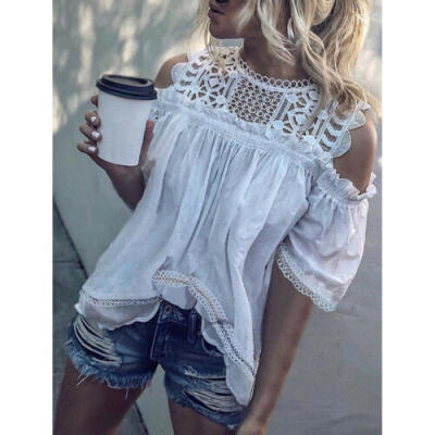 

Women Summer Lace Cold Shoulder Short Sleeve Shirt Casual Tops T-Shirt Blouse US